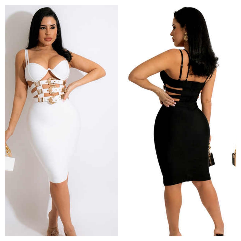 White BANDAGE CUTOUT Dress with Gold BELT Accents